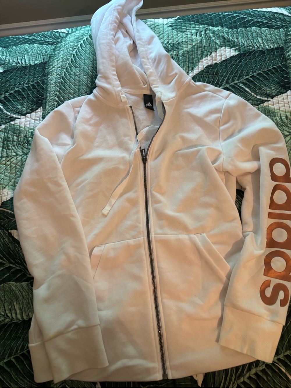 adidas White Hoodie with Copper Logo Sleeve